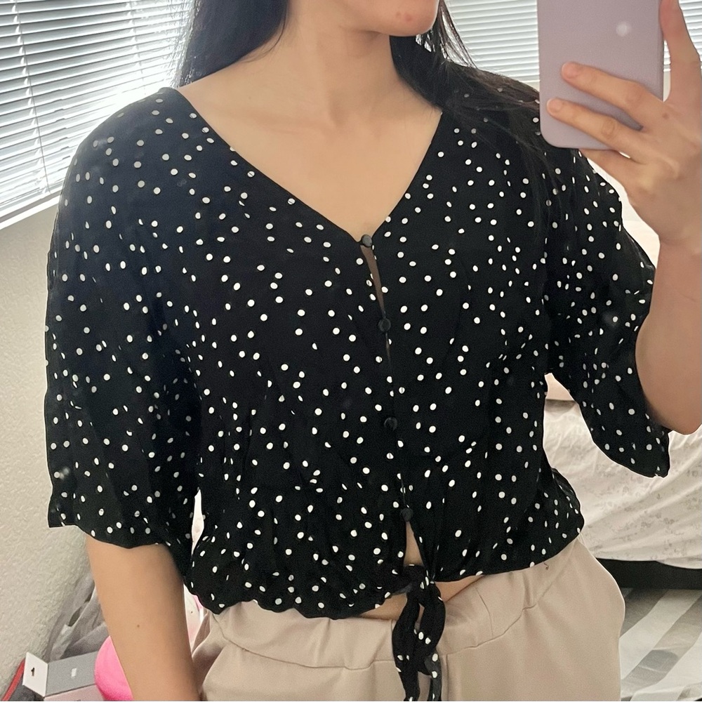 Black Polka Dot Button Tie Blouse